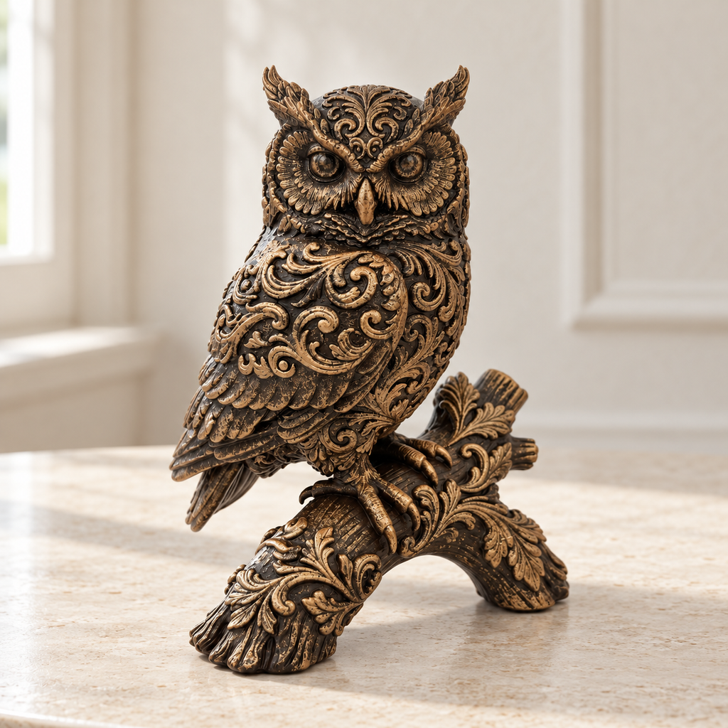 Ornate Resin Owl Sculpture, Bronze-Tone Finish, 7.1-Inch Woodland Decor