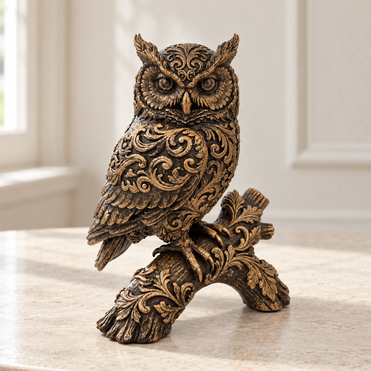 Ornate Resin Owl Sculpture, Bronze-Tone Finish, 7.1-Inch Woodland Decor