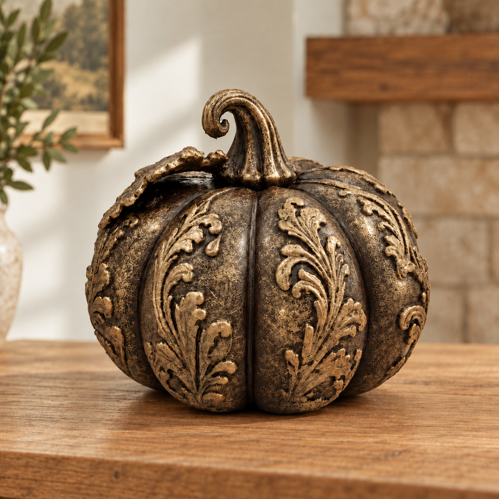 Ornate Resin Pumpkin Sculpture, Bronze-Tone Finish, 4-Inch Autumn Decor