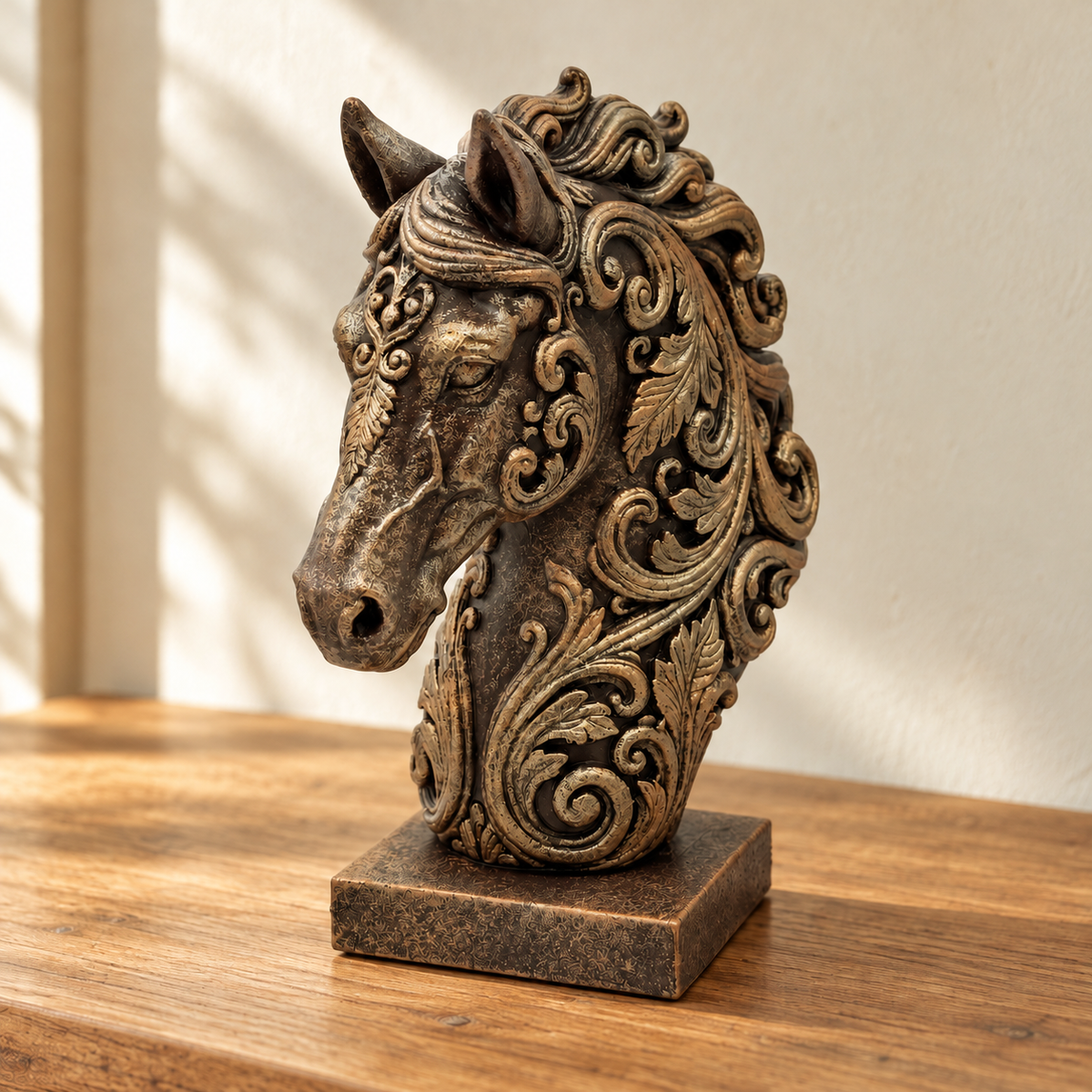 Ornate Resin Horse Head Sculpture, Bronze-Tone Finish, 6.42-Inch Equestrian Decor