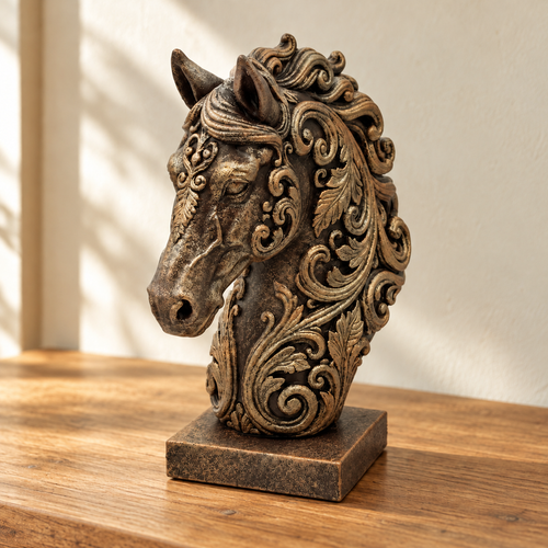 Ornate Resin Horse Head Sculpture, Bronze-Tone Finish, 6.42-Inch Equestrian Decor
