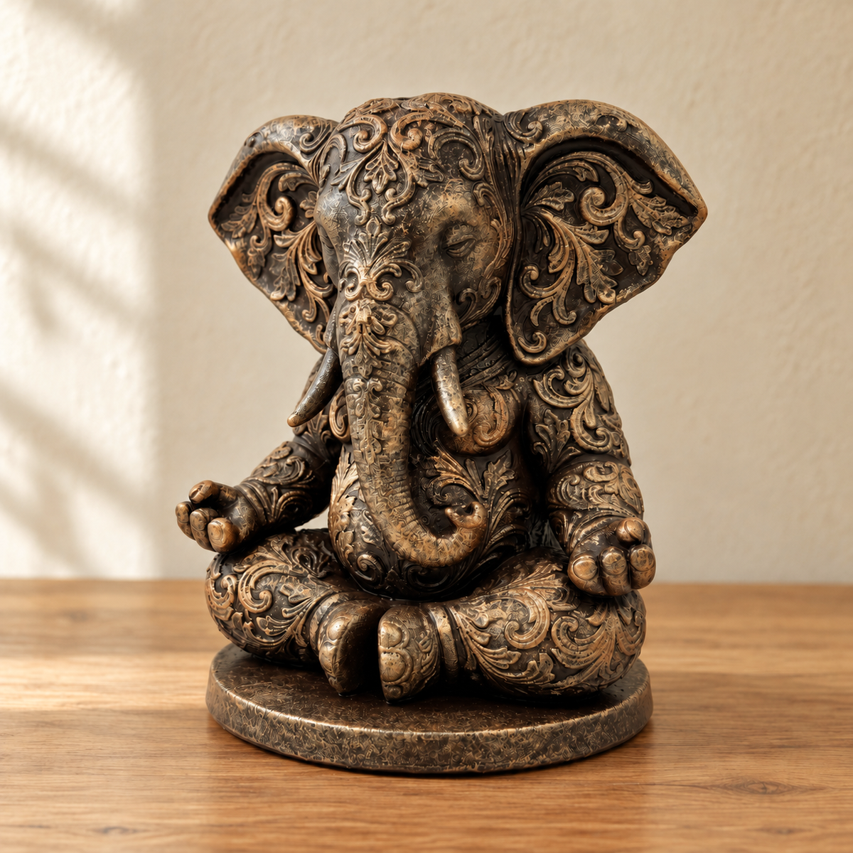 Ornate Resin Ganesha Statue, Bronze-Tone Finish, 6.14-Inch Meditation Decor