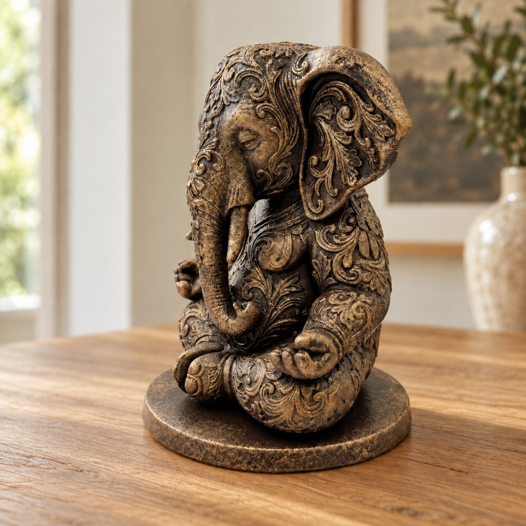 Ornate Resin Ganesha Statue, Bronze-Tone Finish, 6.14-Inch Meditation Decor