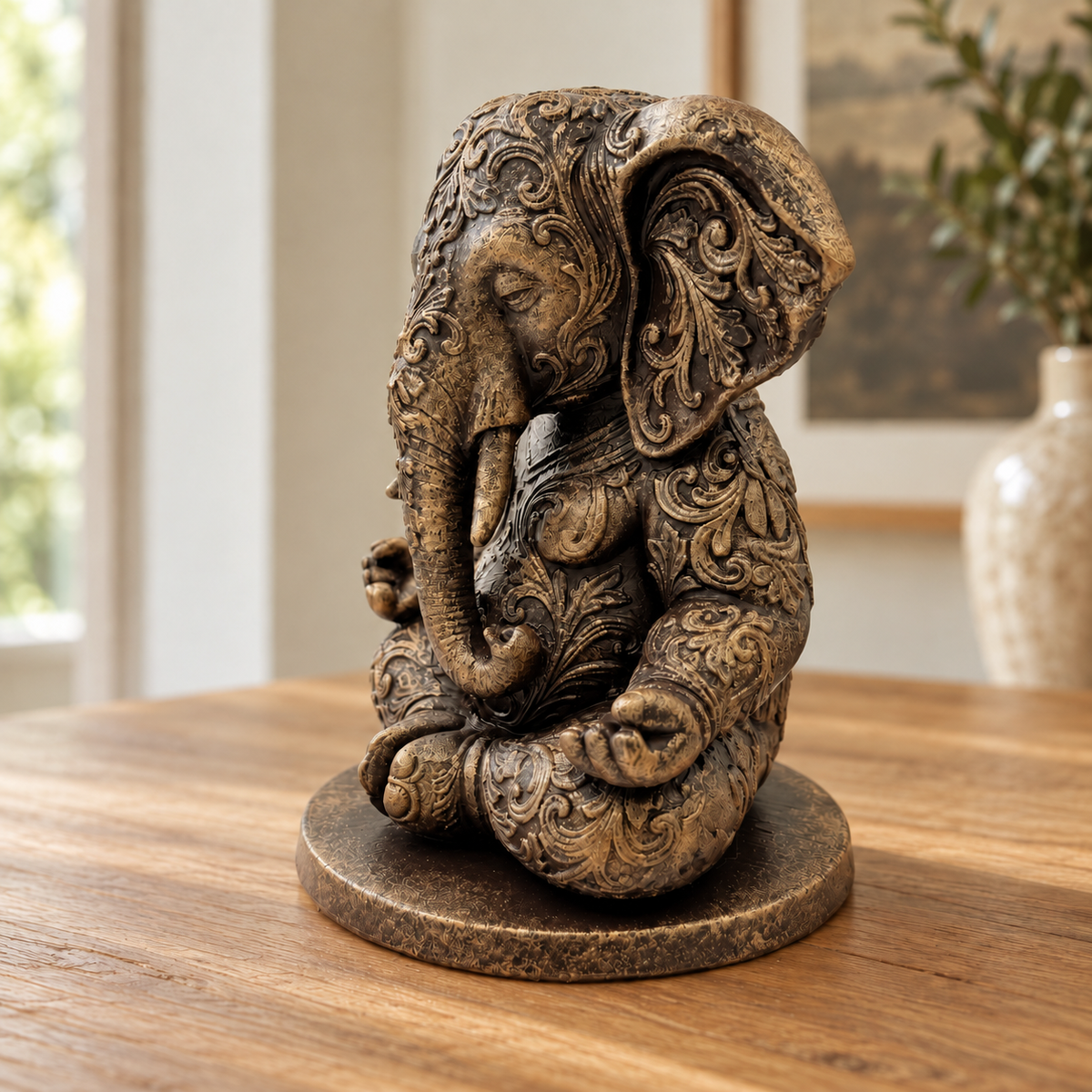 Ornate Resin Ganesha Statue, Bronze-Tone Finish, 6.14-Inch Meditation Decor