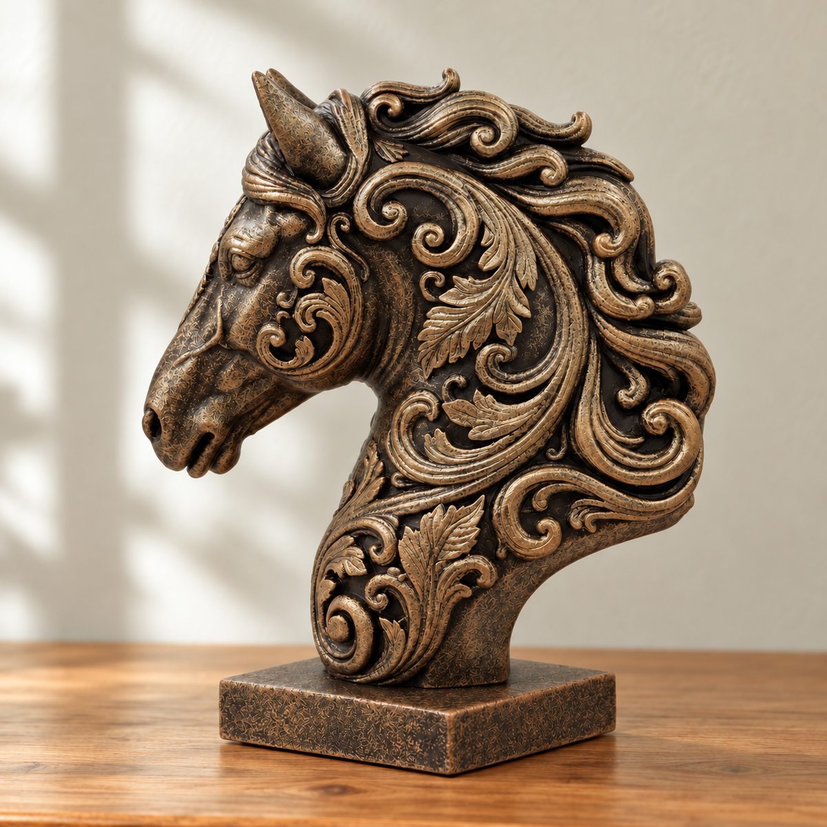 Ornate Resin Horse Head Sculpture, Bronze-Tone Finish, 6.42-Inch Equestrian Decor