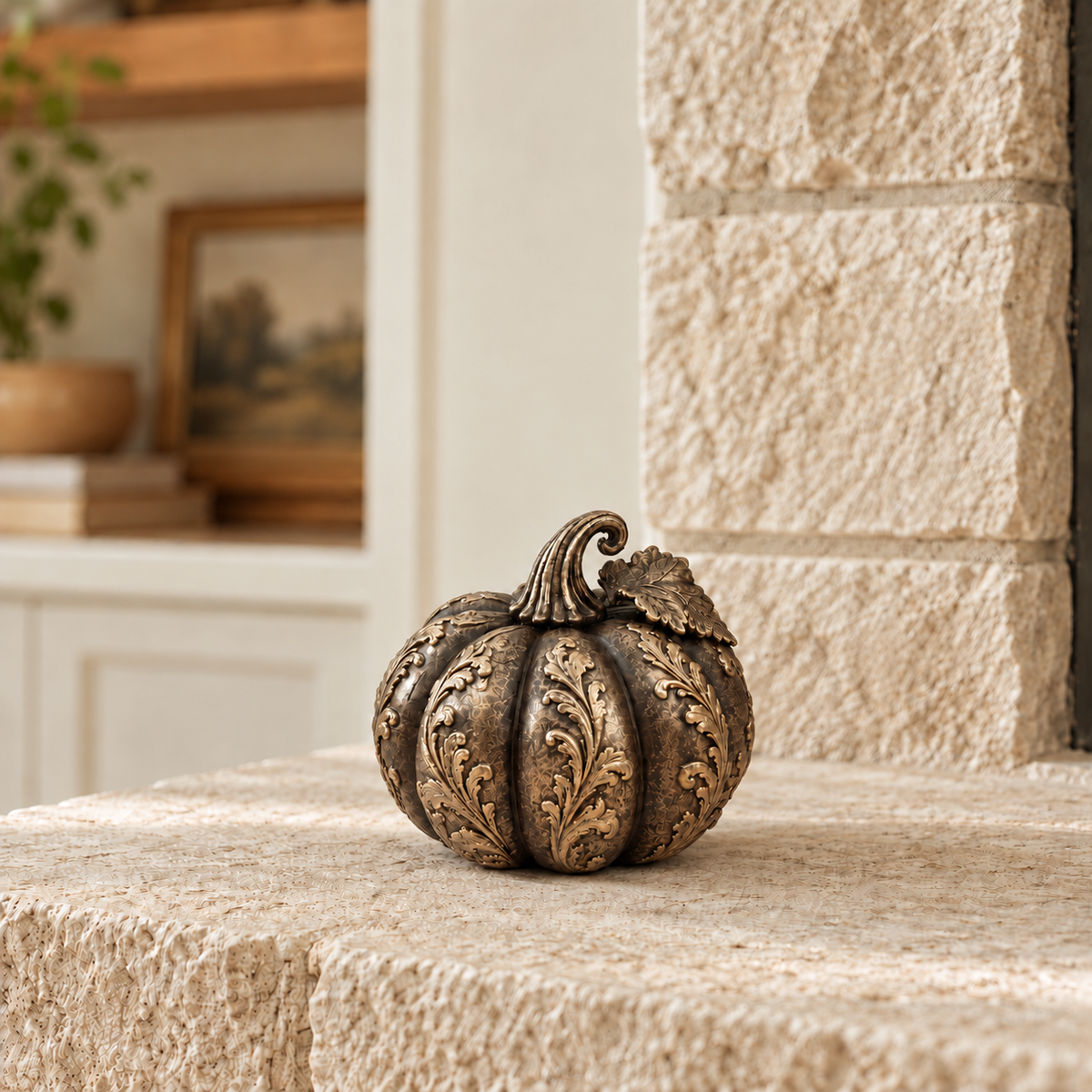 Ornate Resin Pumpkin Sculpture, Bronze-Tone Finish, 4-Inch Autumn Decor