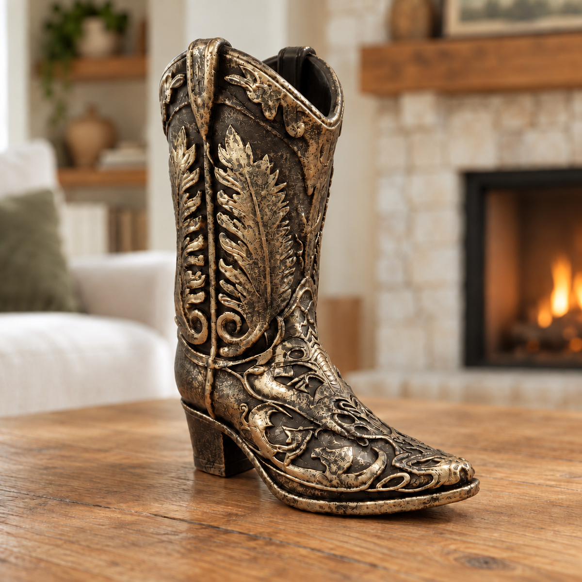 Ornate Resin Cowboy Boot Sculpture, Bronze-Tone Finish, 7-Inch Western Decor