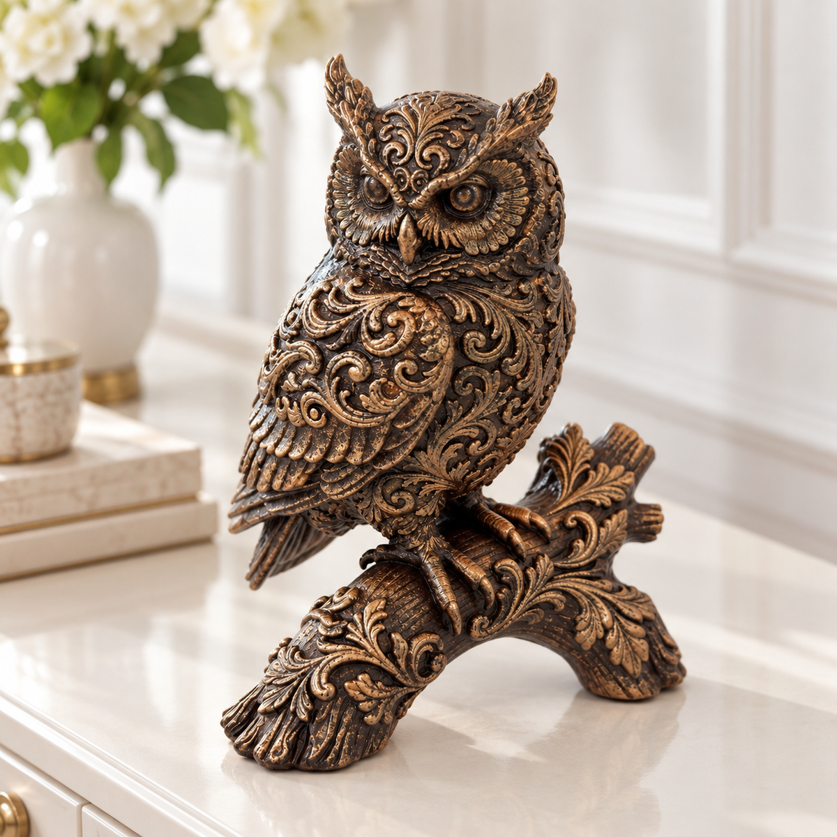 Ornate Resin Owl Sculpture, Bronze-Tone Finish, 7.1-Inch Woodland Decor