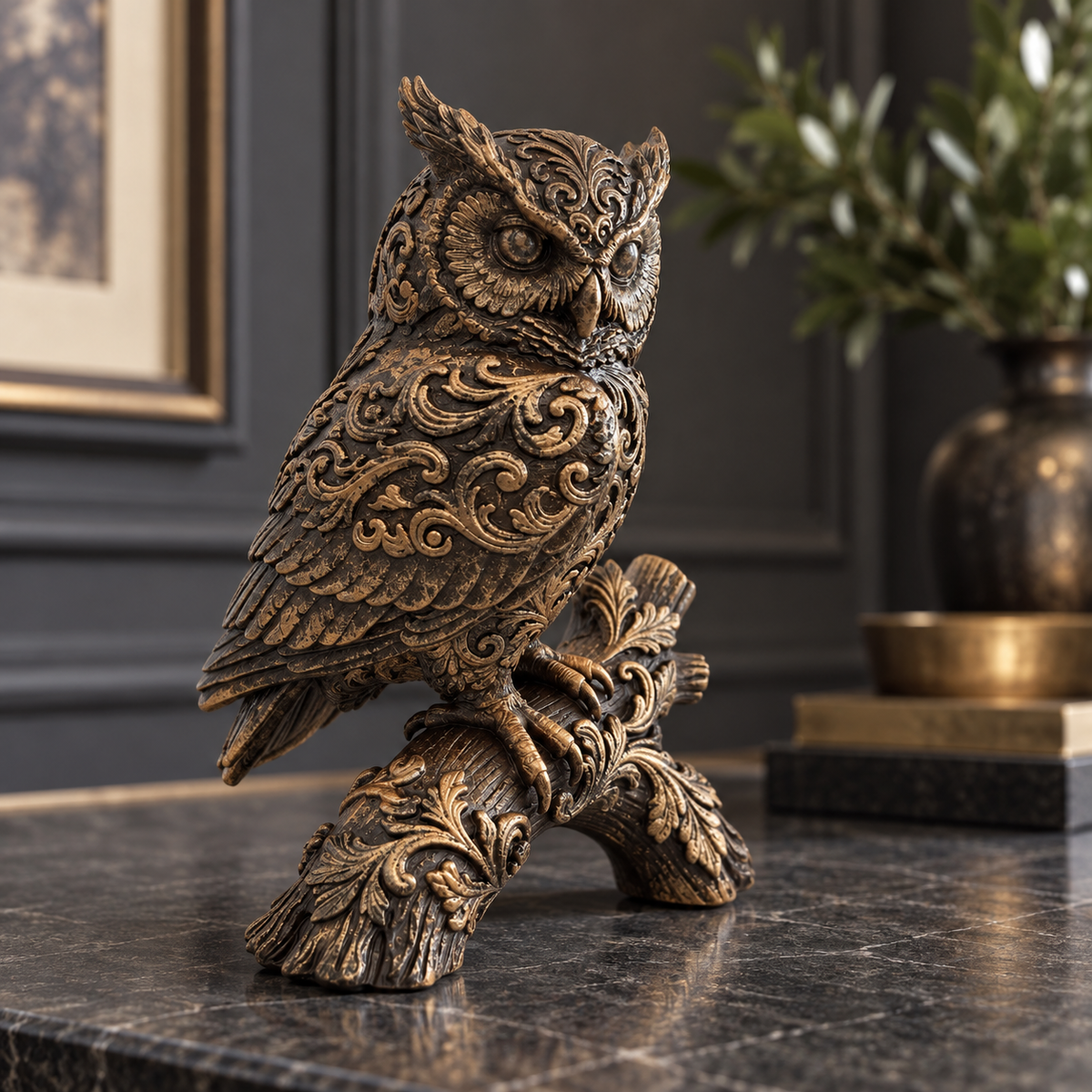 Ornate Resin Owl Sculpture, Bronze-Tone Finish, 7.1-Inch Woodland Decor
