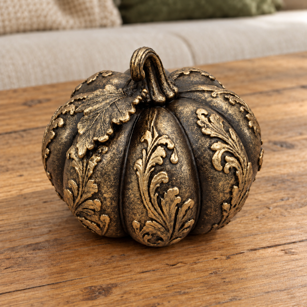 Ornate Resin Pumpkin Sculpture, Bronze-Tone Finish, 4-Inch Autumn Decor
