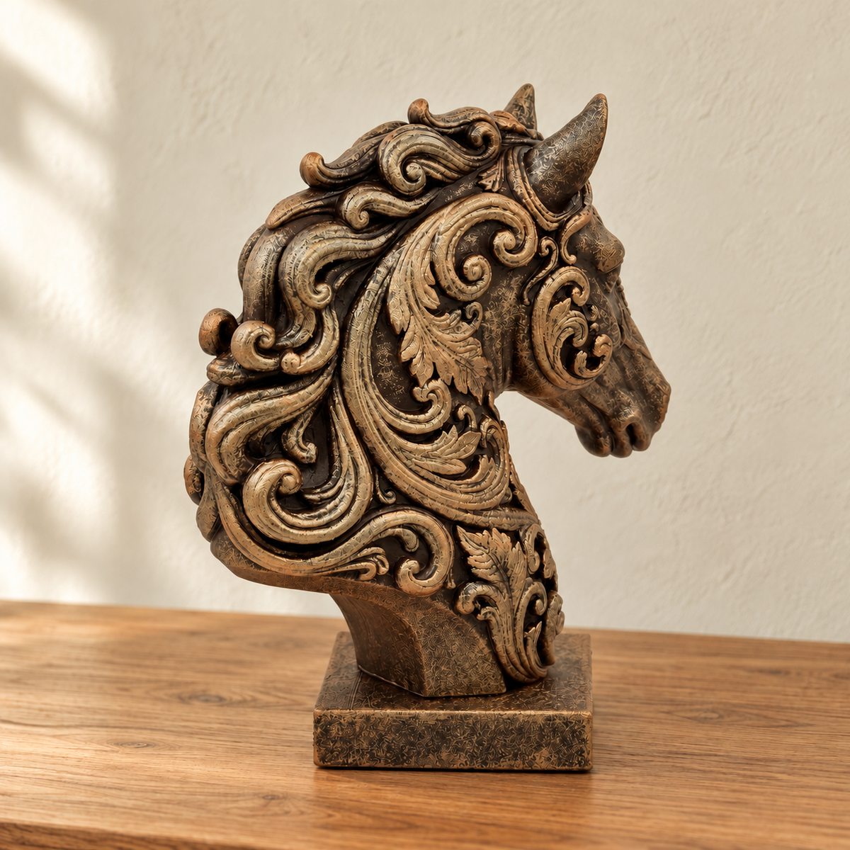 Ornate Resin Horse Head Sculpture, Bronze-Tone Finish, 6.42-Inch Equestrian Decor