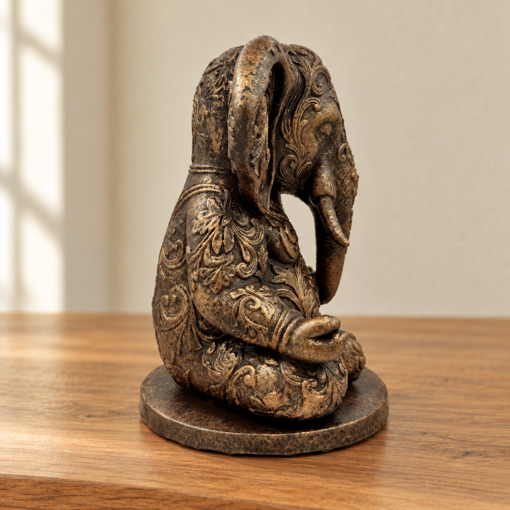Ornate Resin Ganesha Statue, Bronze-Tone Finish, 6.14-Inch Meditation Decor