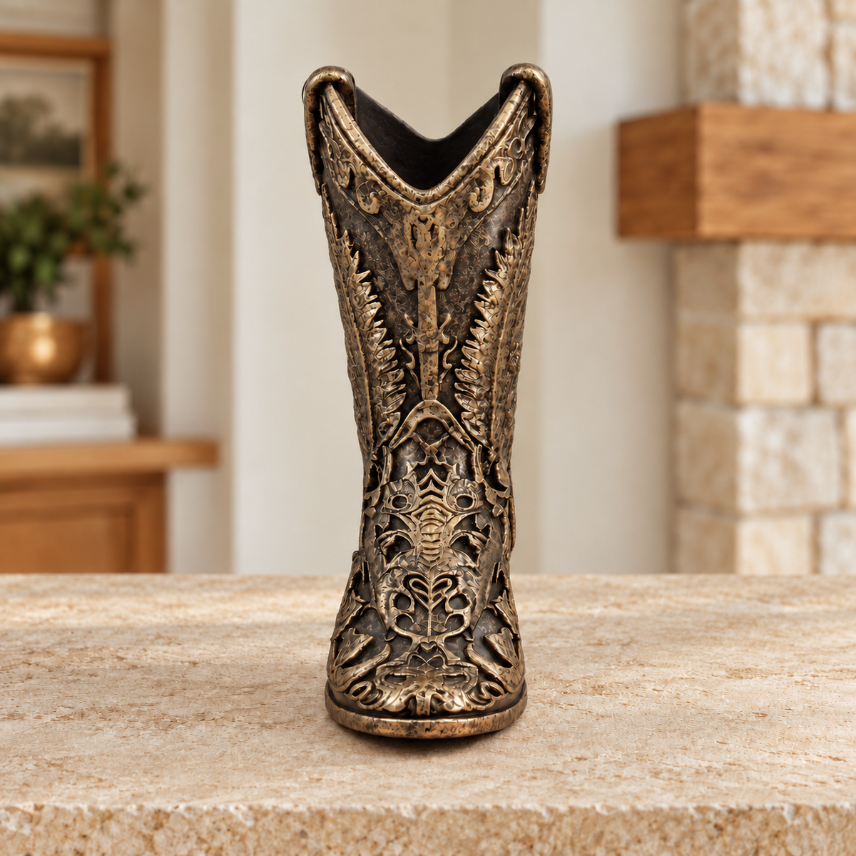Ornate Resin Cowboy Boot Sculpture, Bronze-Tone Finish, 7-Inch Western Decor