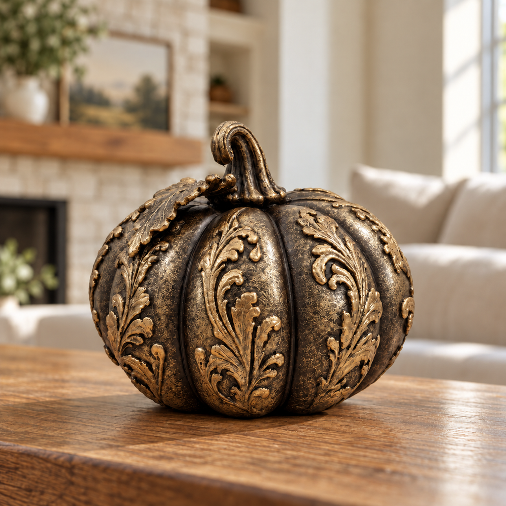 Ornate Resin Pumpkin Sculpture, Bronze-Tone Finish, 4-Inch Autumn Decor