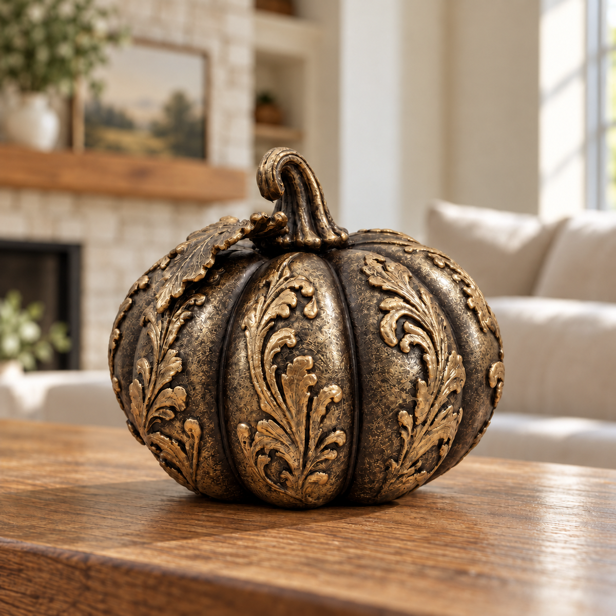 Ornate Resin Pumpkin Sculpture, Bronze-Tone Finish, 4-Inch Autumn Decor