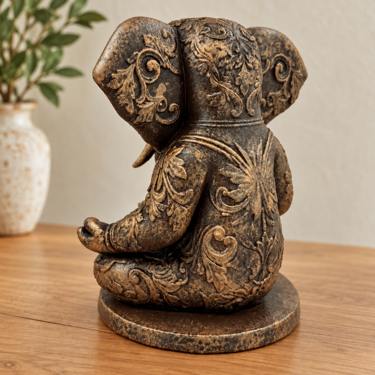 Ornate Resin Ganesha Statue, Bronze-Tone Finish, 6.14-Inch Meditation Decor