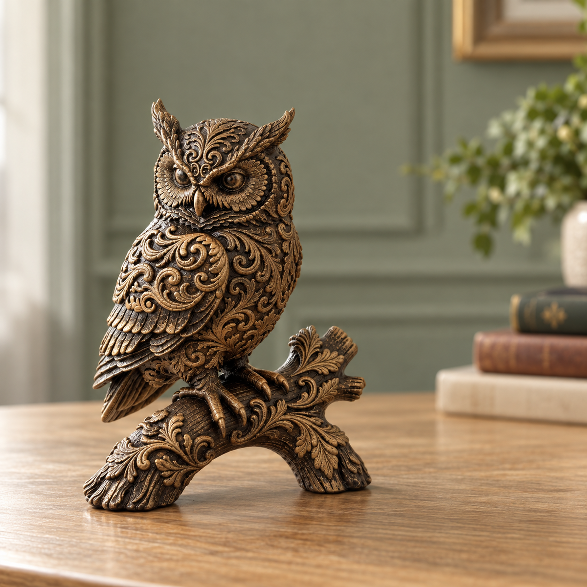 Ornate Resin Owl Sculpture, Bronze-Tone Finish, 7.1-Inch Woodland Decor