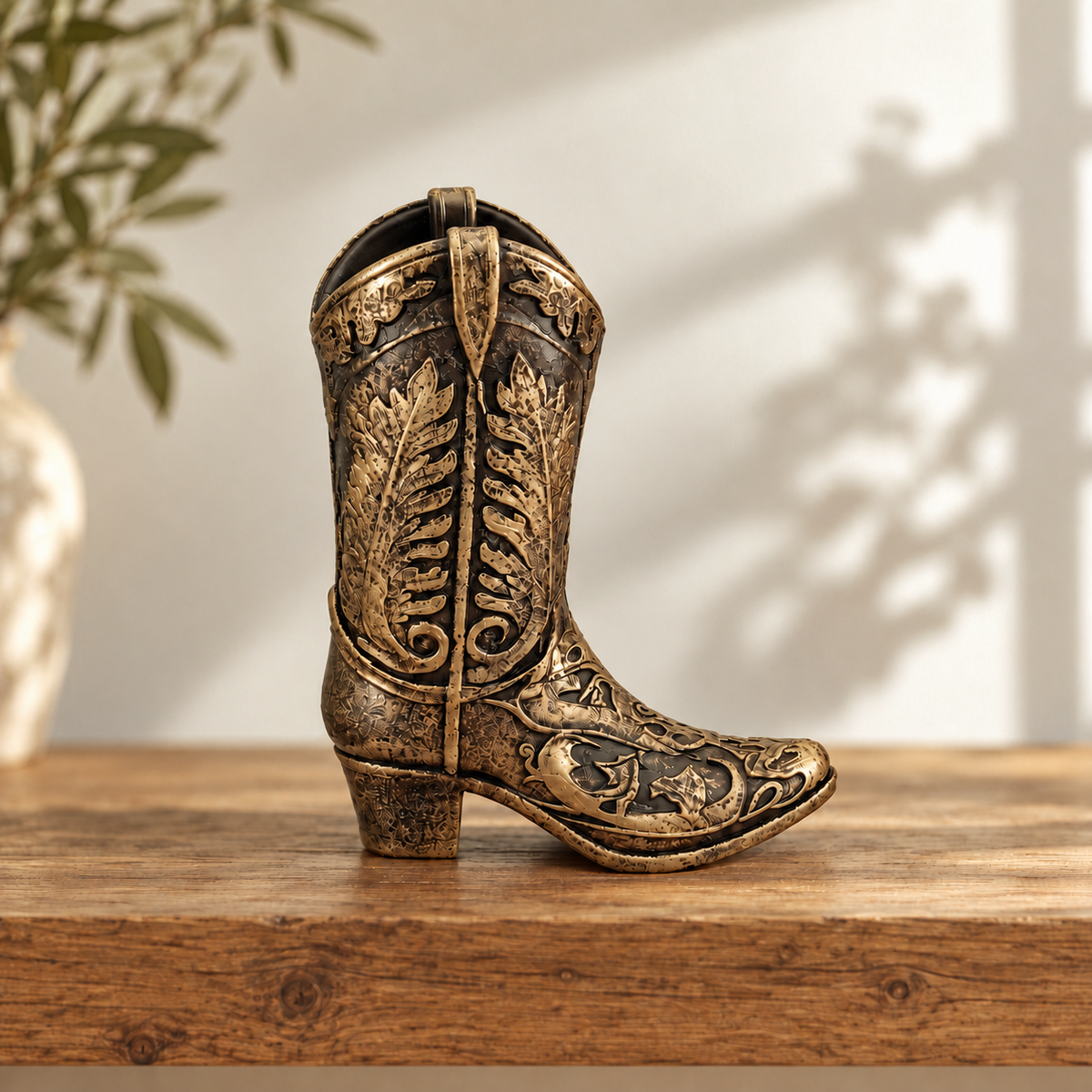 Ornate Resin Cowboy Boot Sculpture, Bronze-Tone Finish, 7-Inch Western Decor
