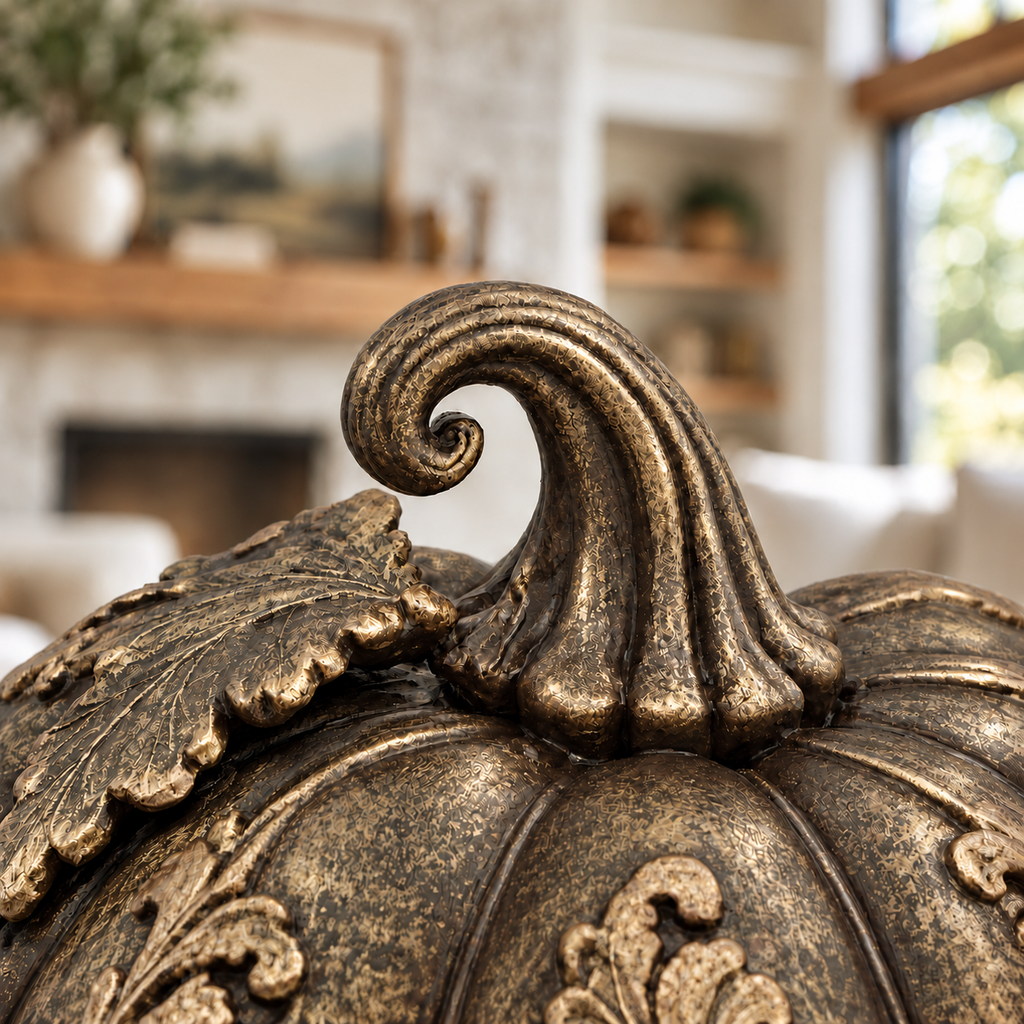 Ornate Resin Pumpkin Sculpture, Bronze-Tone Finish, 4-Inch Autumn Decor