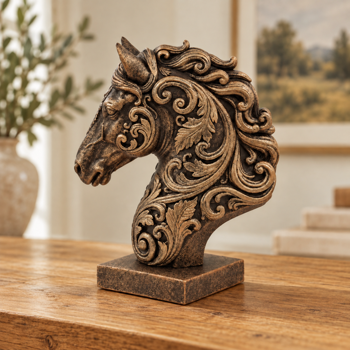 Ornate Resin Horse Head Sculpture, Bronze-Tone Finish, 6.42-Inch Equestrian Decor