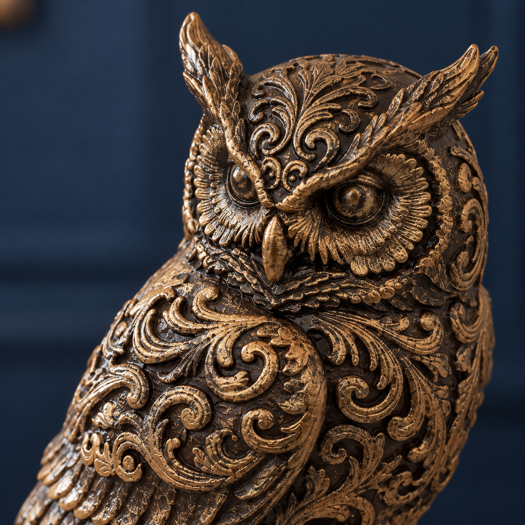 Ornate Resin Owl Sculpture, Bronze-Tone Finish, 7.1-Inch Woodland Decor