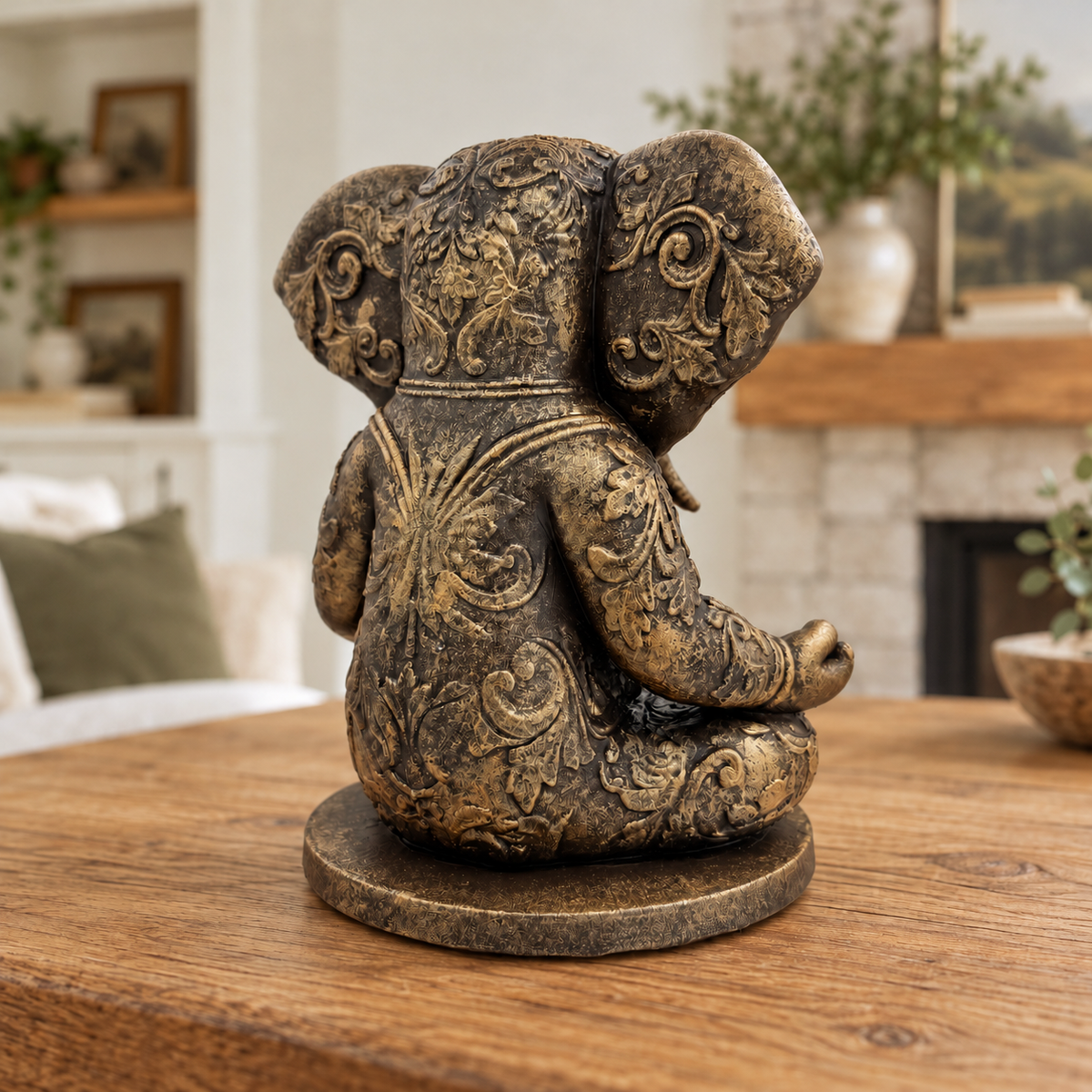 Ornate Resin Ganesha Statue, Bronze-Tone Finish, 6.14-Inch Meditation Decor