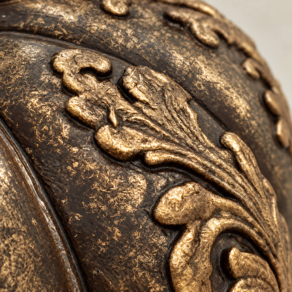 Ornate Resin Pumpkin Sculpture, Bronze-Tone Finish, 4-Inch Autumn Decor