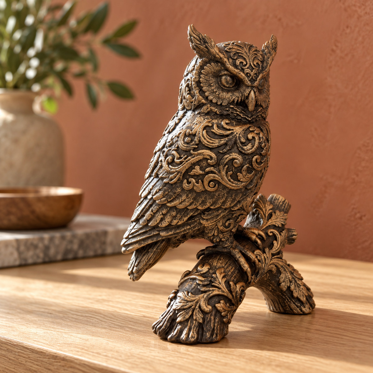 Ornate Resin Owl Sculpture, Bronze-Tone Finish, 7.1-Inch Woodland Decor