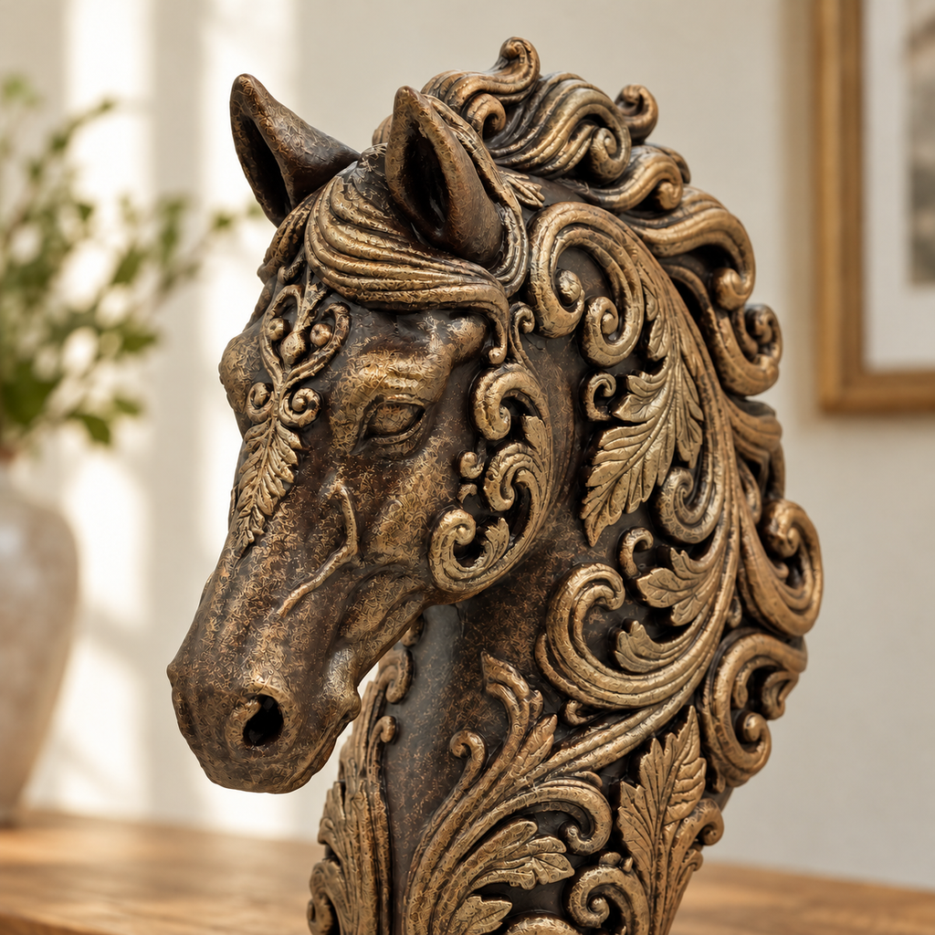 Ornate Resin Horse Head Sculpture, Bronze-Tone Finish, 6.42-Inch Equestrian Decor