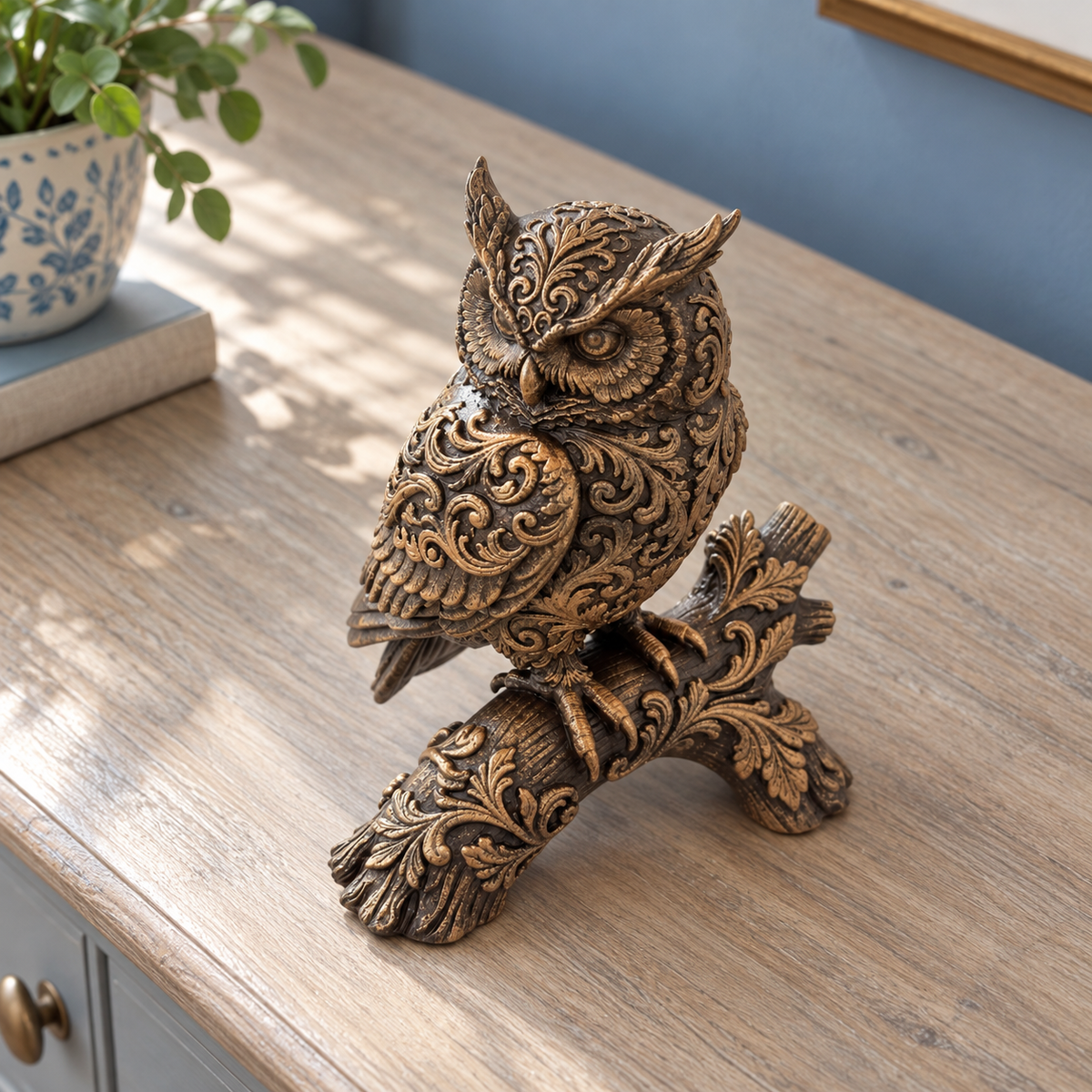 Ornate Resin Owl Sculpture, Bronze-Tone Finish, 7.1-Inch Woodland Decor