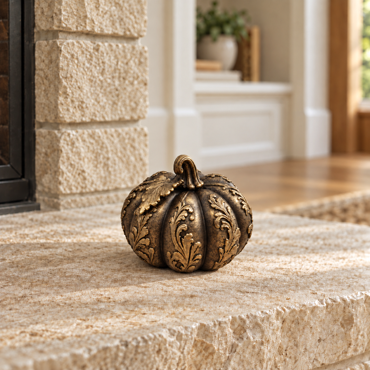 Ornate Resin Pumpkin Sculpture, Bronze-Tone Finish, 4-Inch Autumn Decor