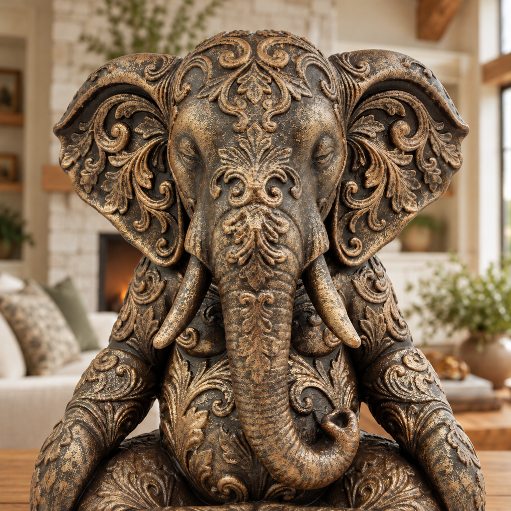 Ornate Resin Ganesha Statue, Bronze-Tone Finish, 6.14-Inch Meditation Decor