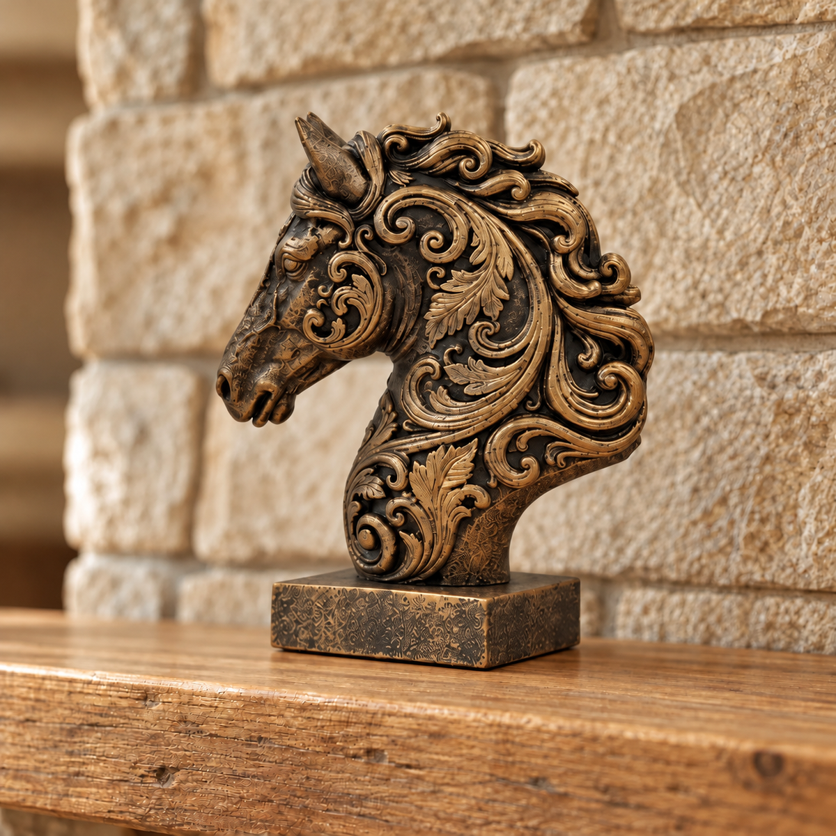 Ornate Resin Horse Head Sculpture, Bronze-Tone Finish, 6.42-Inch Equestrian Decor