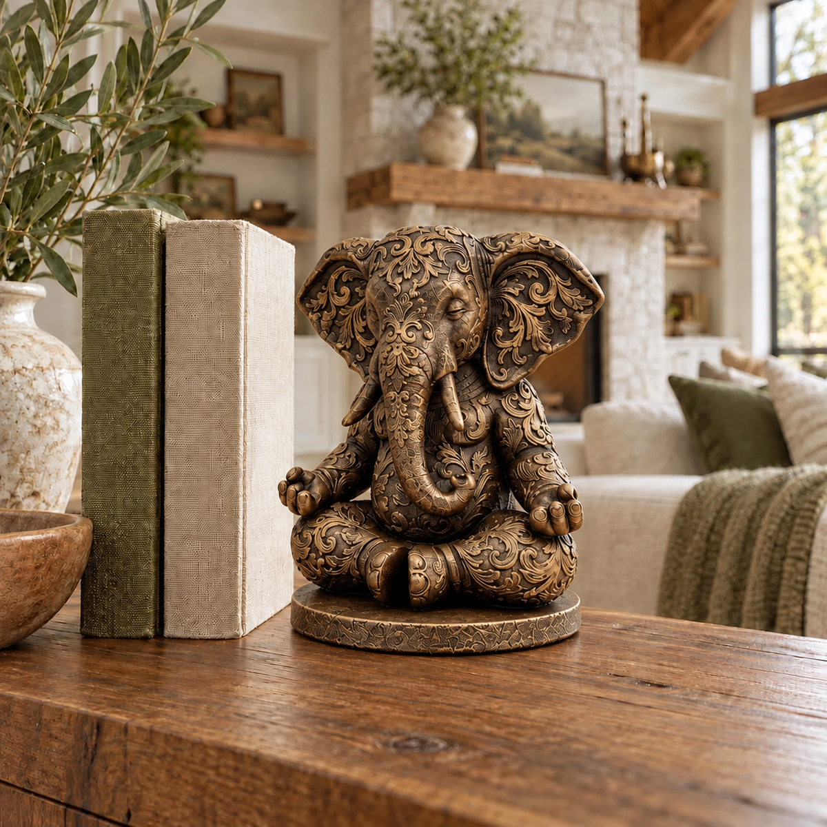 Hand-painted bronze-tone meditating elephant sculpture on a wood console beside clothbound books, with a stone fireplace behind.
