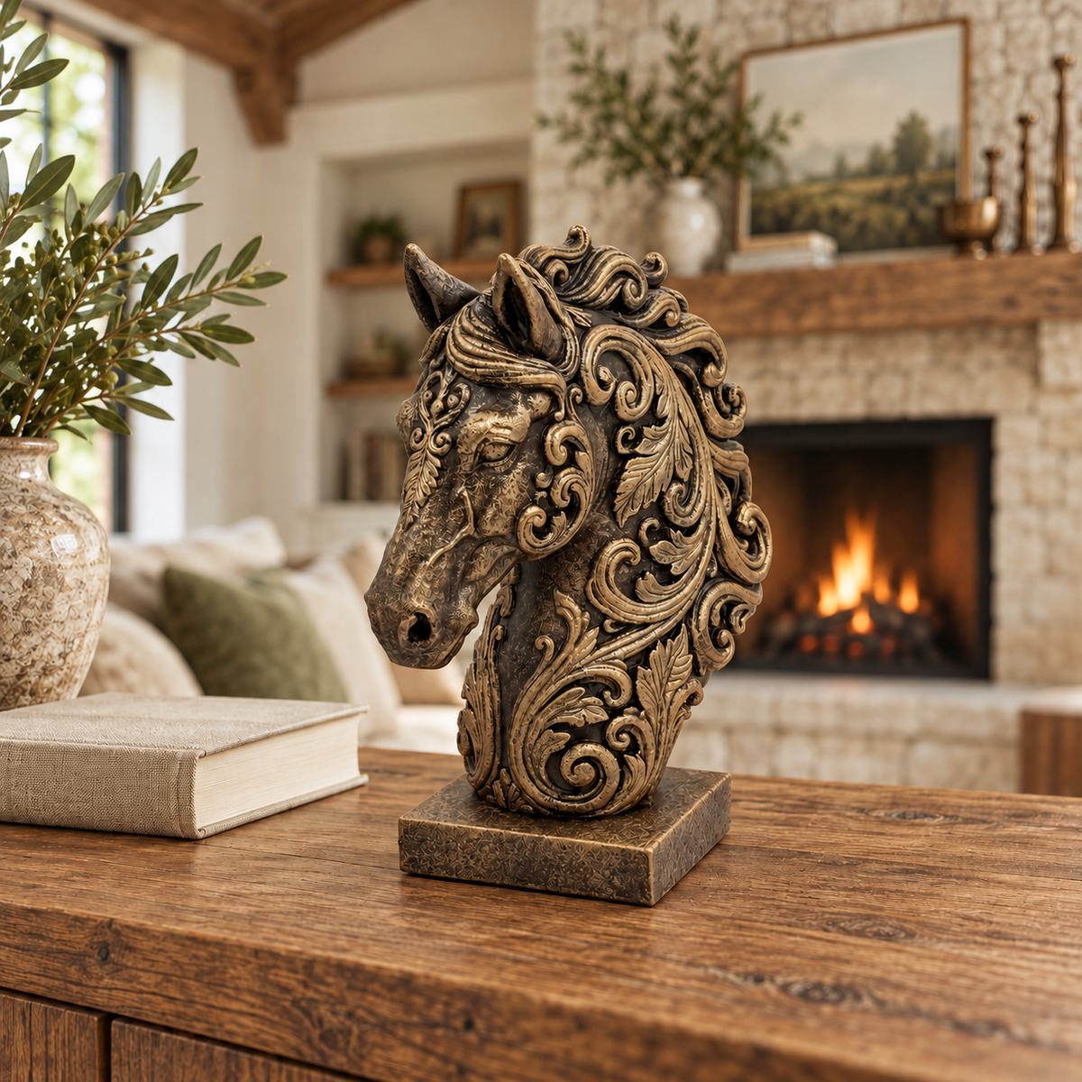 Ornate Resin Horse Head Sculpture, Bronze-Tone Finish, 6.42-Inch Equestrian Decor
