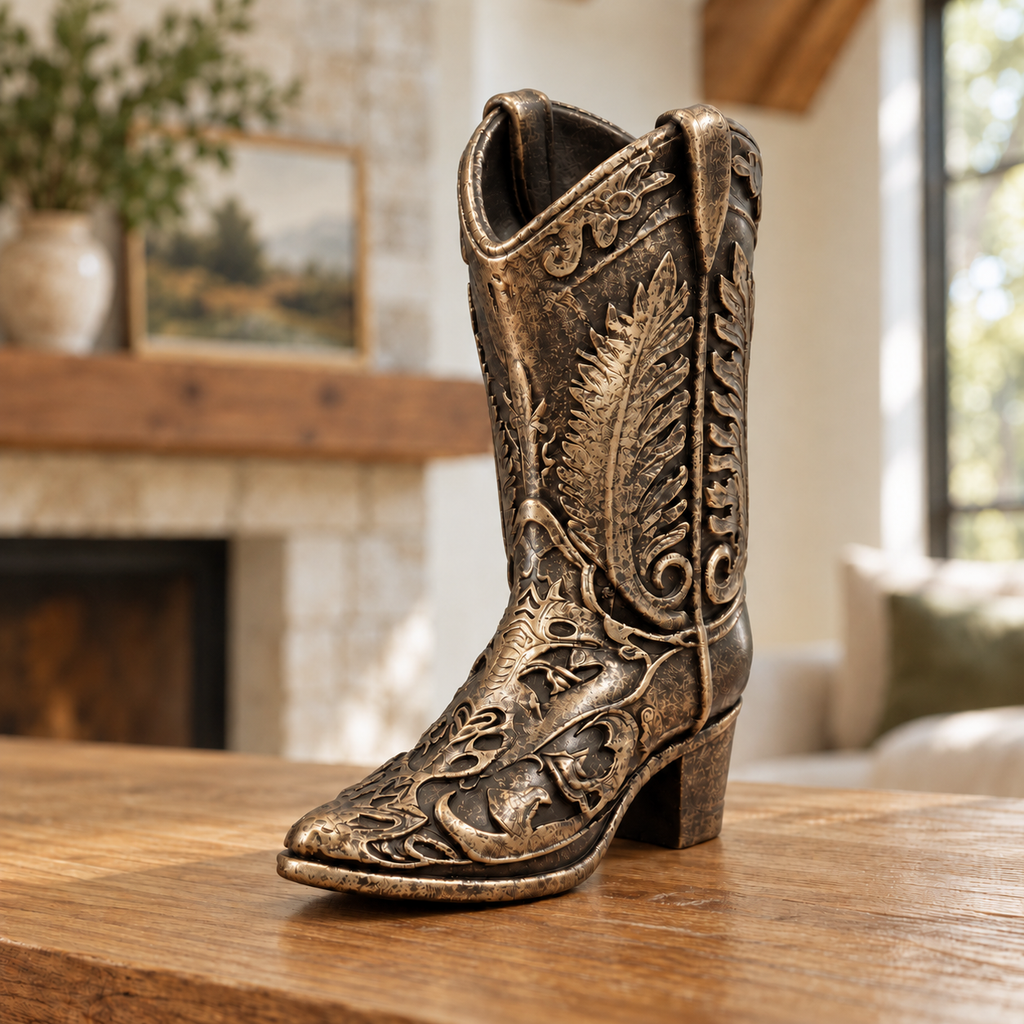 Ornate Cowboy Boot Sculpture, Bronze-Tone Finish, 7-Inch Western Decor