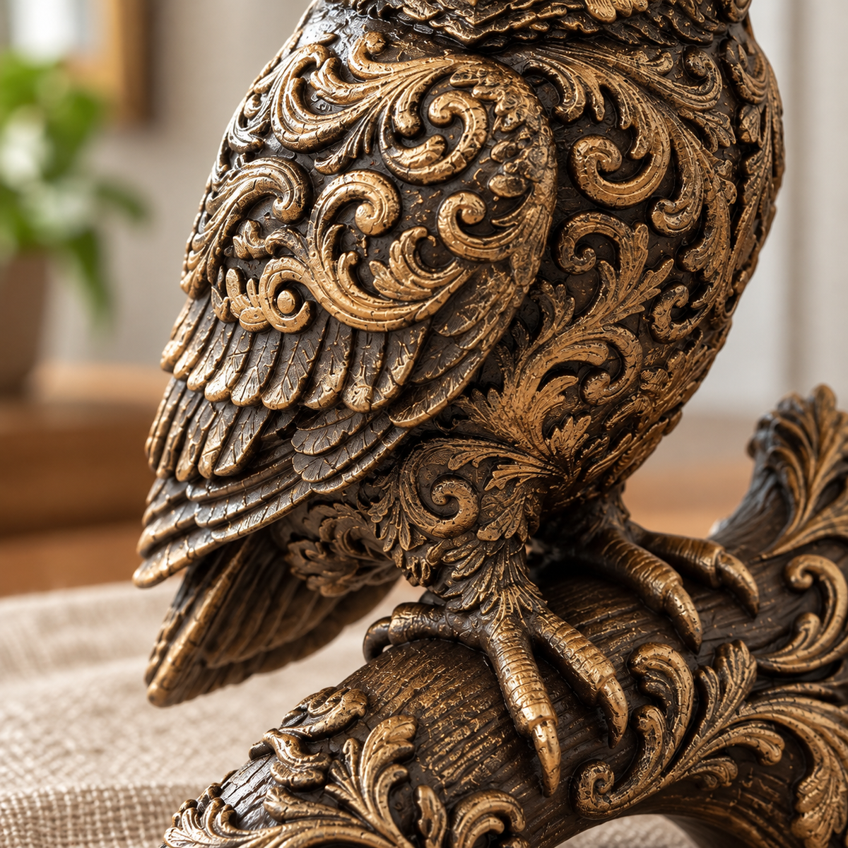 Ornate Resin Owl Sculpture, Bronze-Tone Finish, 7.1-Inch Woodland Decor
