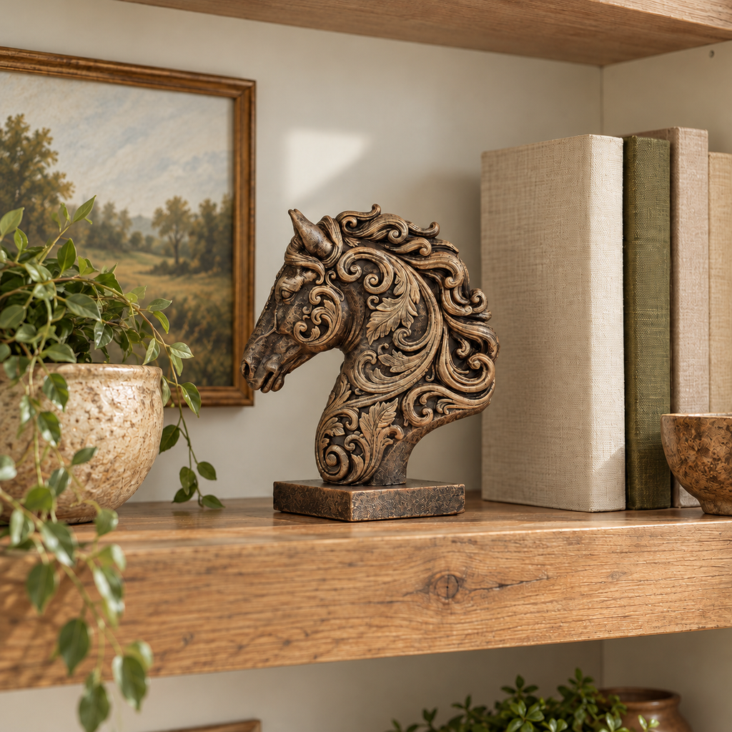 Ornate Resin Horse Head Sculpture, Bronze-Tone Finish, 6.42-Inch Equestrian Decor