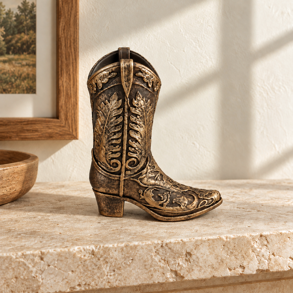Ornate Cowboy Boot Sculpture, Bronze-Tone Finish, 7-Inch Western Decor