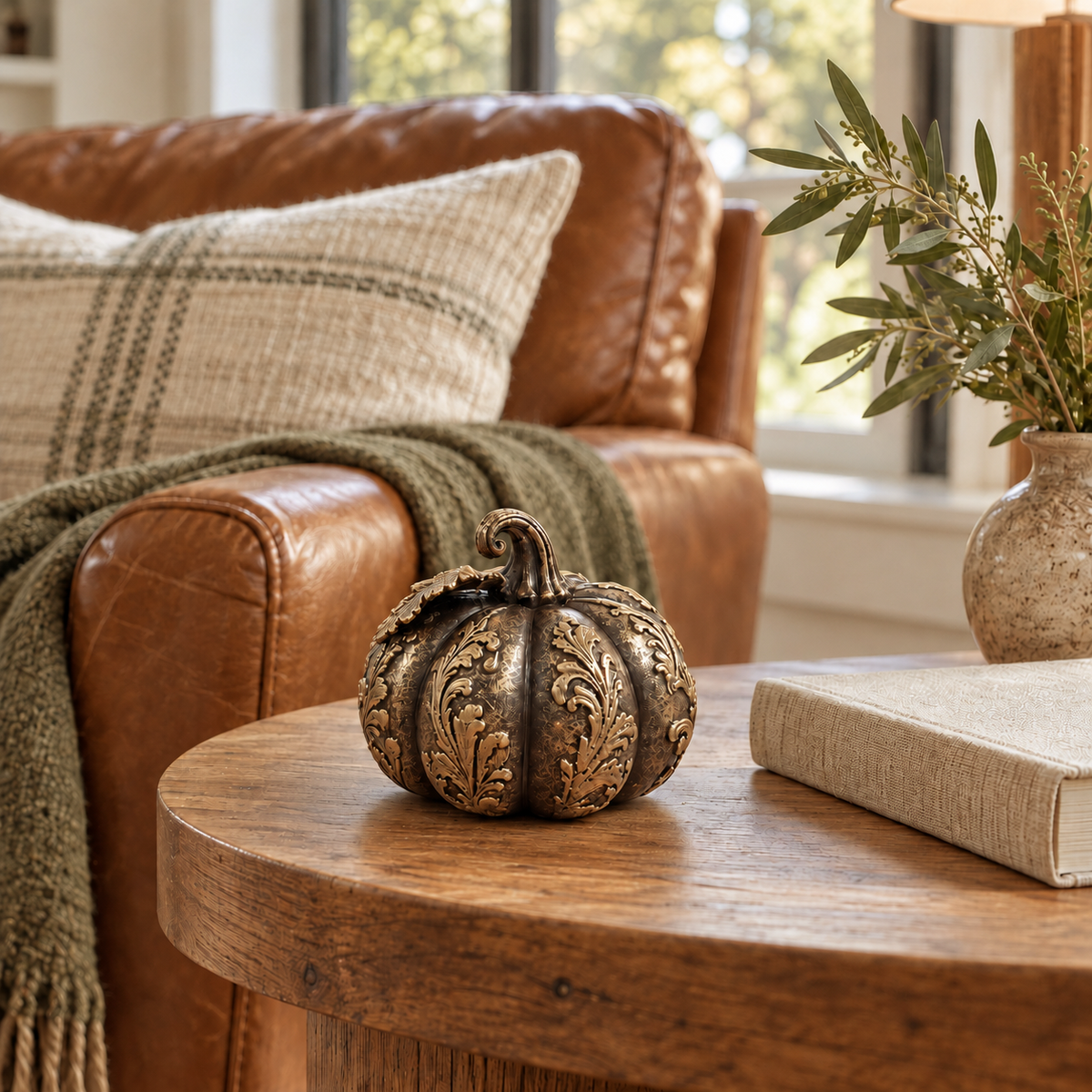 Ornate Resin Pumpkin Sculpture, Bronze-Tone Finish, 4-Inch Autumn Decor