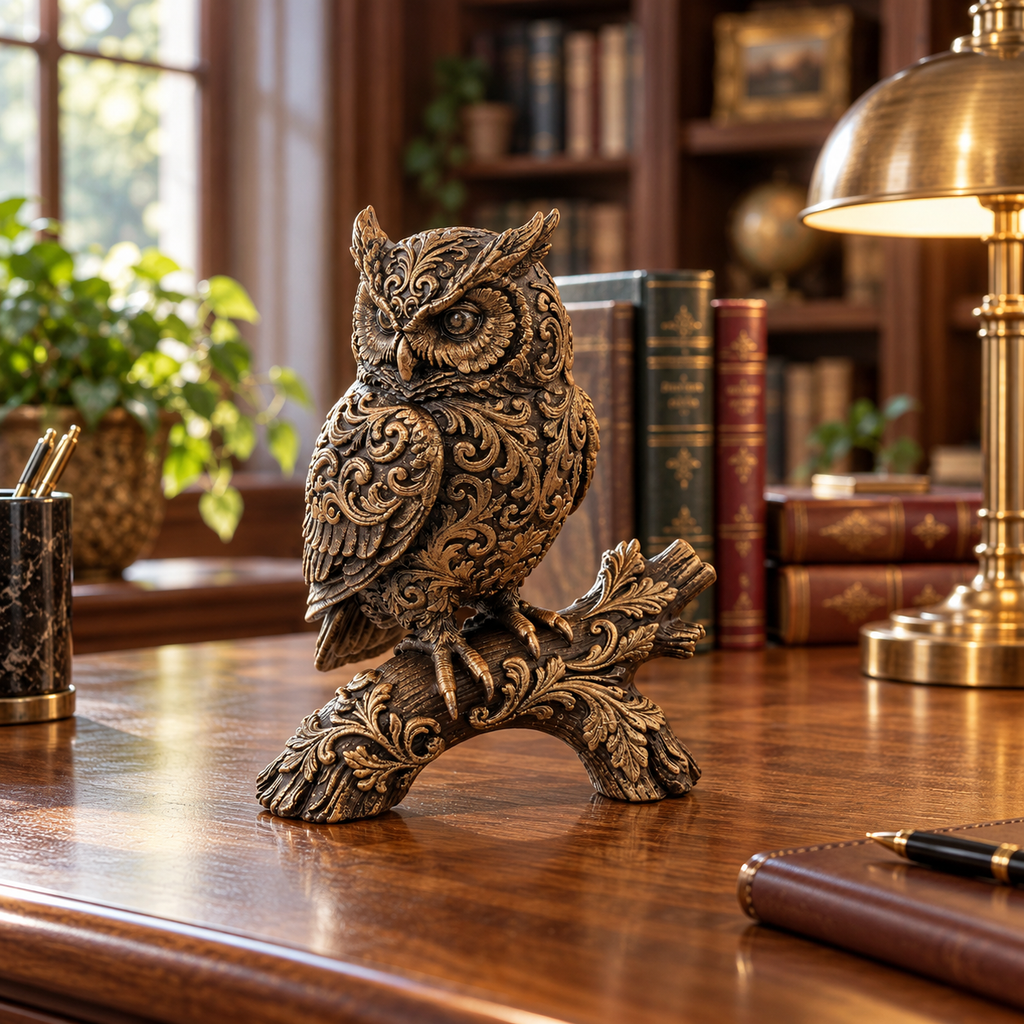Ornate Resin Owl Sculpture, Bronze-Tone Finish, 7.1-Inch Woodland Decor