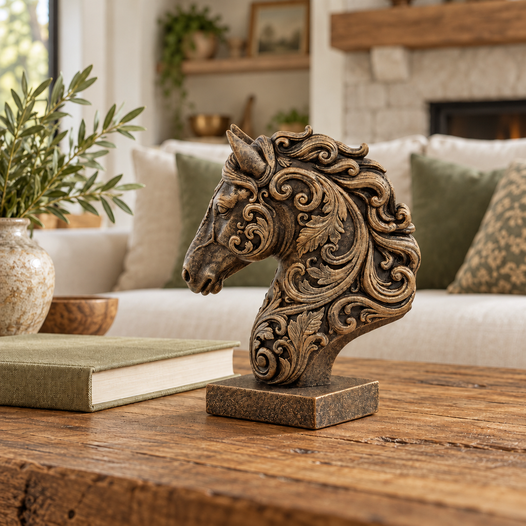 Ornate Resin Horse Head Sculpture, Bronze-Tone Finish, 6.42-Inch Equestrian Decor