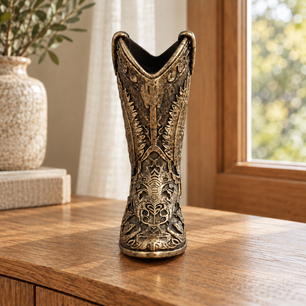 Ornate Cowboy Boot Sculpture, Bronze-Tone Finish, 7-Inch Western Decor