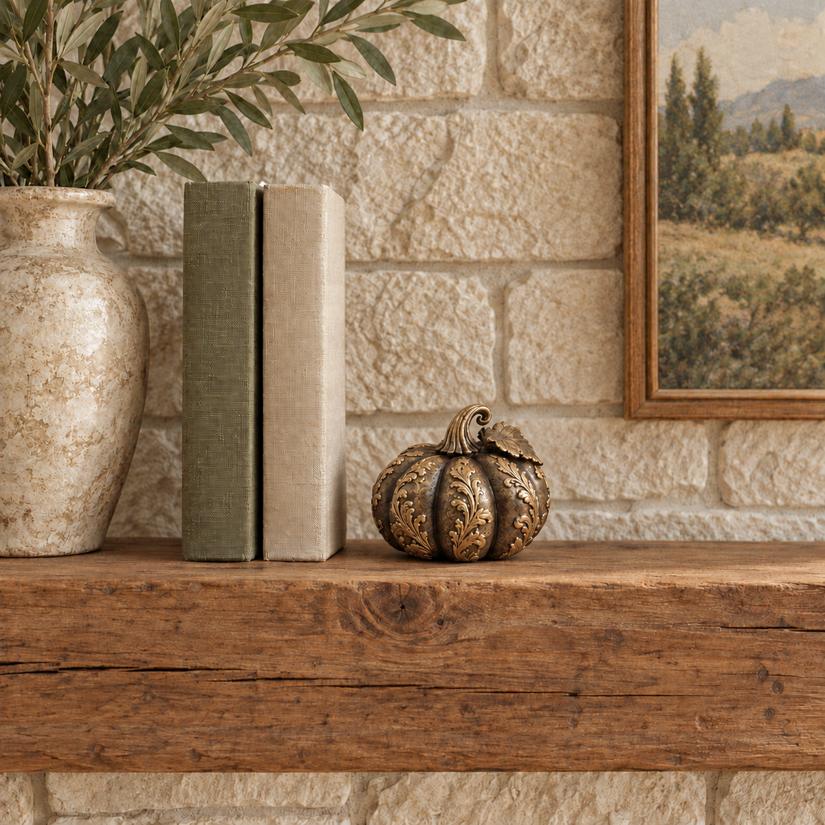 Ornate Resin Pumpkin Sculpture, Bronze-Tone Finish, 4-Inch Autumn Decor