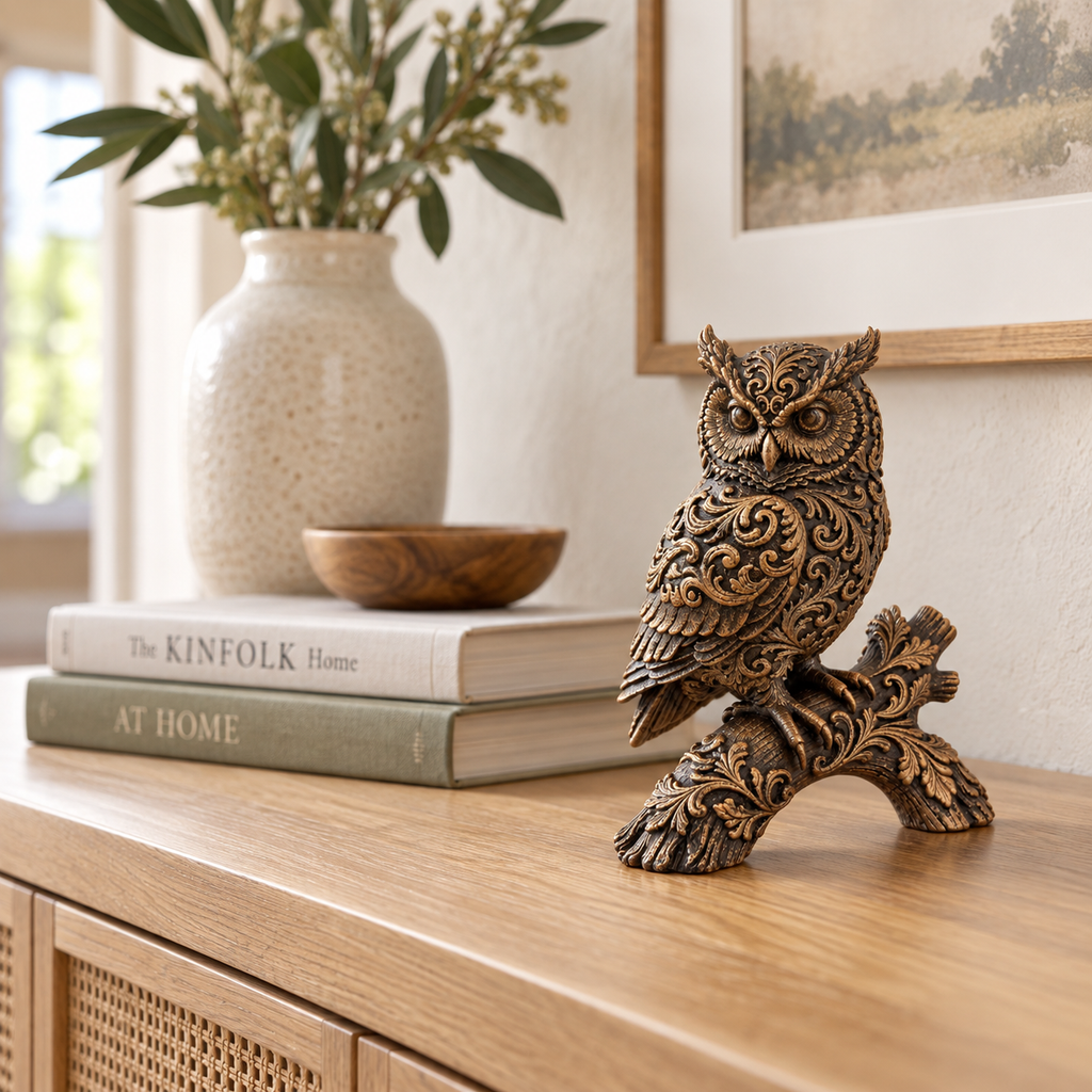 Ornate Resin Owl Sculpture, Bronze-Tone Finish, 7.1-Inch Woodland Decor