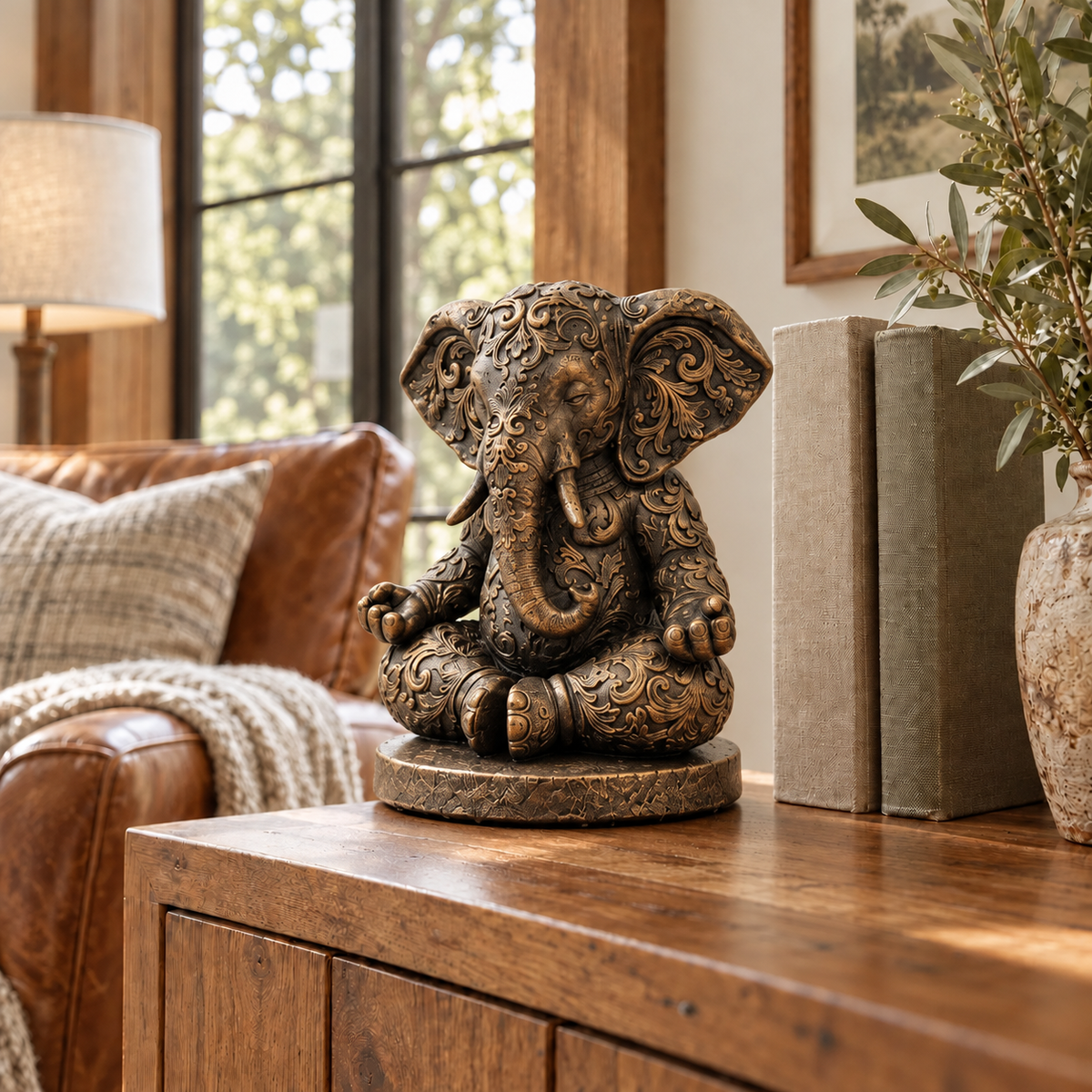 Hand-painted bronze-tone meditating elephant sculpture on an oak cabinet beside clothbound books in a sunlit reading corner.