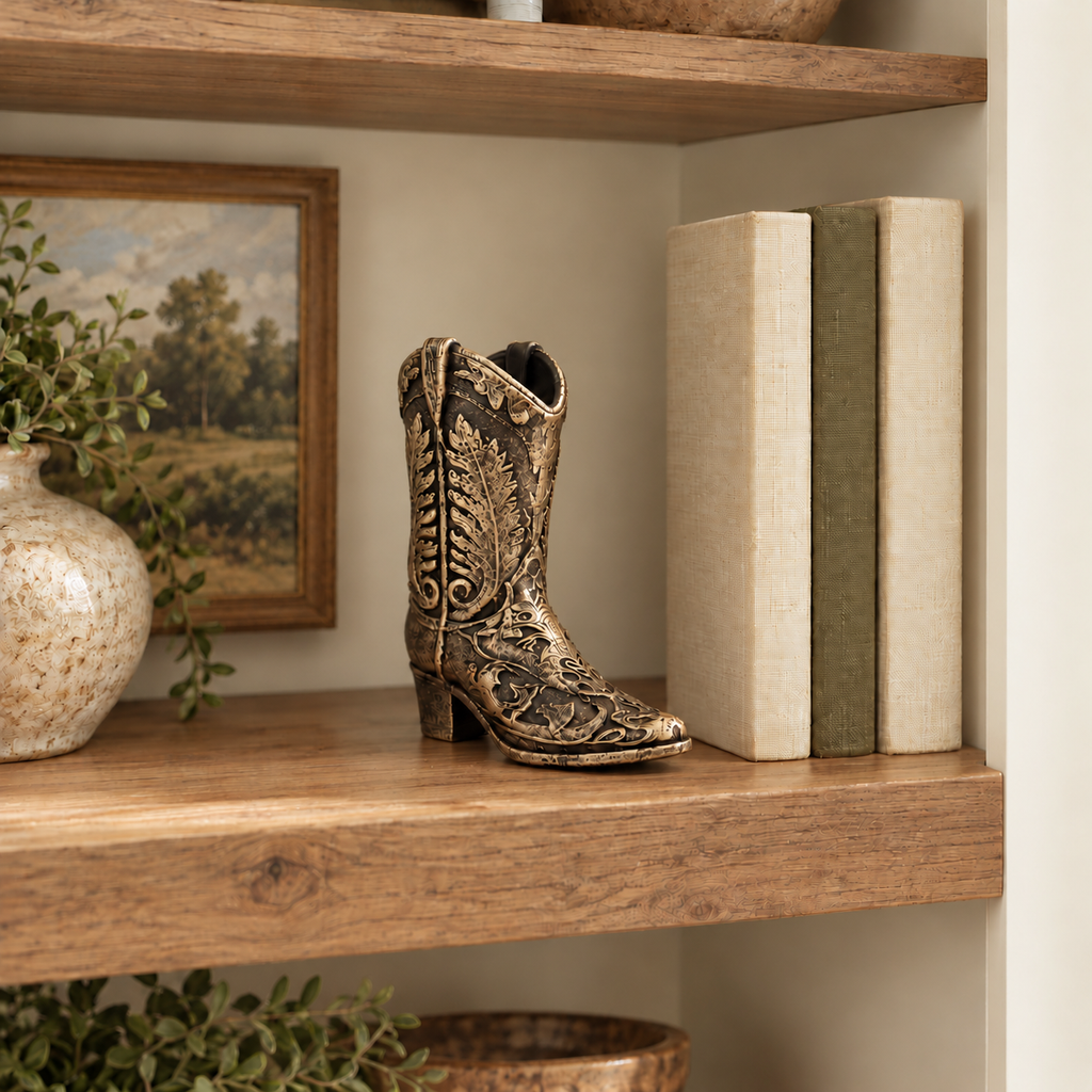 Ornate Cowboy Boot Sculpture, Bronze-Tone Finish, 7-Inch Western Decor