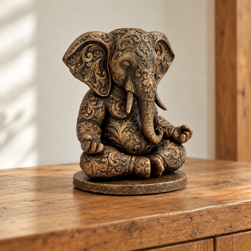 Ornate Resin Ganesha Statue, Bronze-Tone Finish, 6.14-Inch Meditation Decor