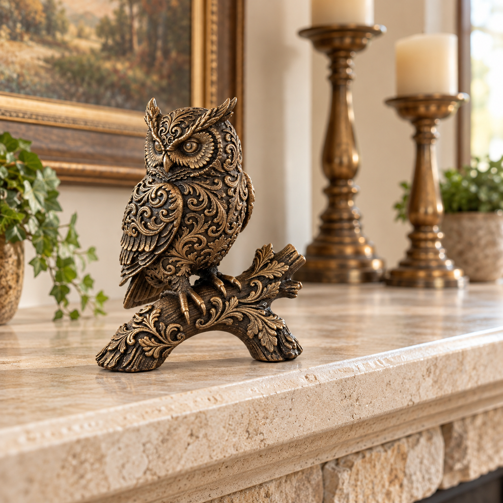 Ornate Resin Owl Sculpture, Bronze-Tone Finish, 7.1-Inch Woodland Decor
