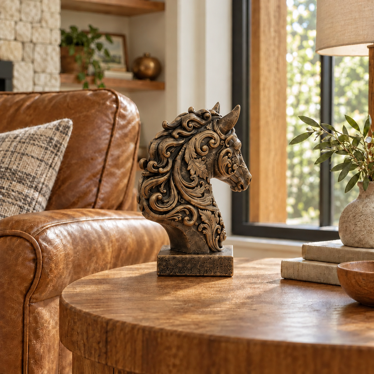 Ornate Resin Horse Head Sculpture, Bronze-Tone Finish, 6.42-Inch Equestrian Decor